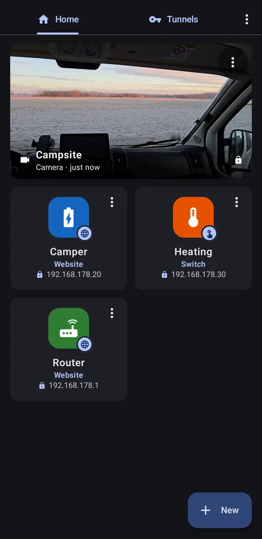 HomeHyrax home screen with camera, website and switch tiles
